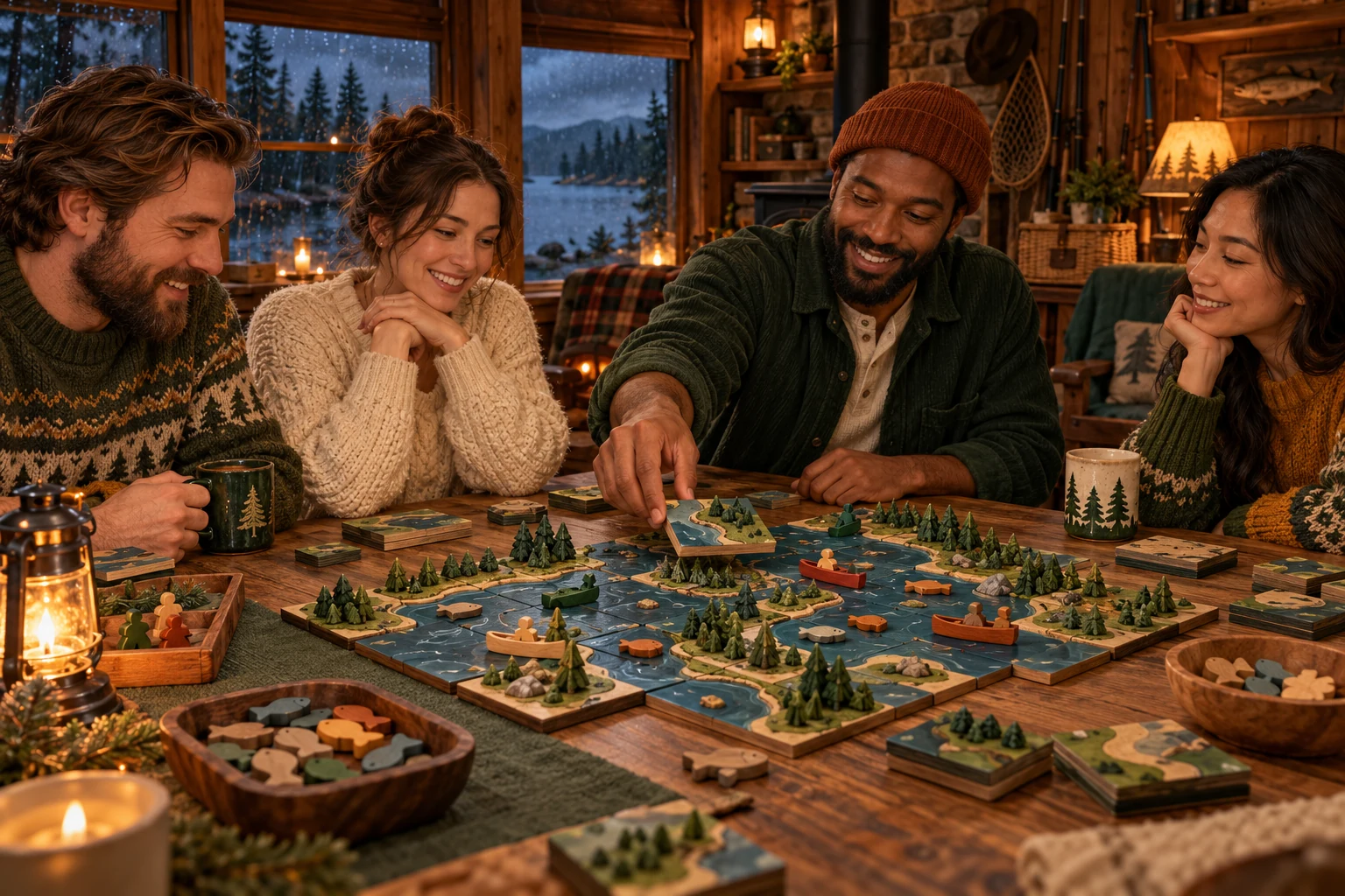 Timber & Tackle illustrated tabletop game-night scene