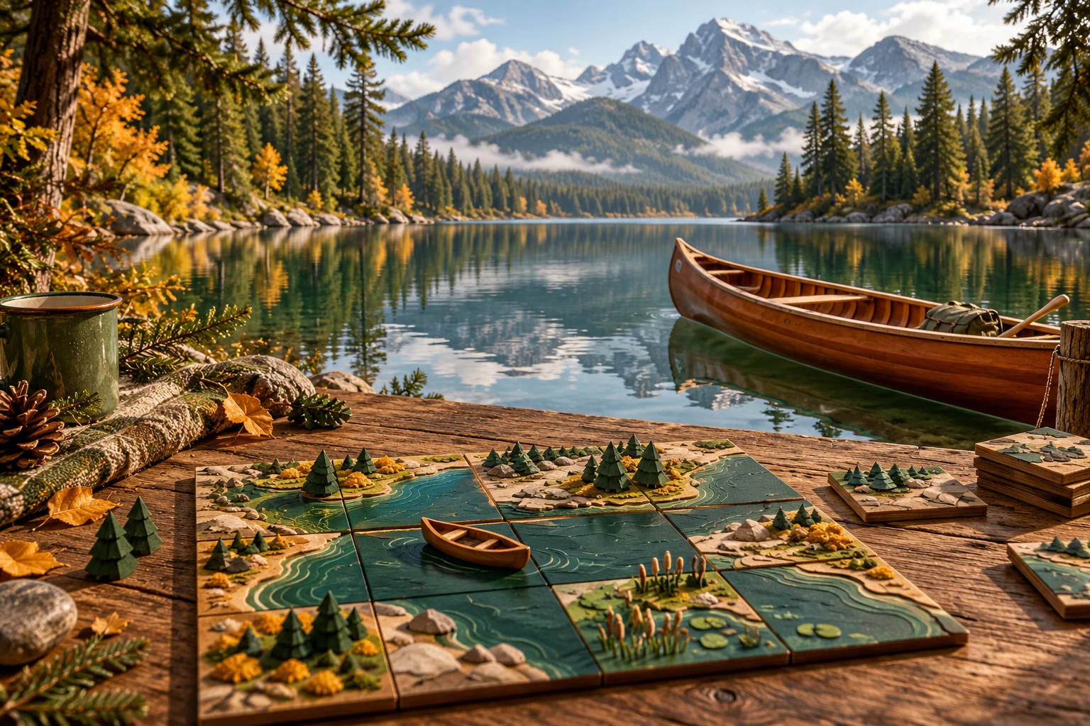 Handcrafted woodland fishing lake and wooden board tiles